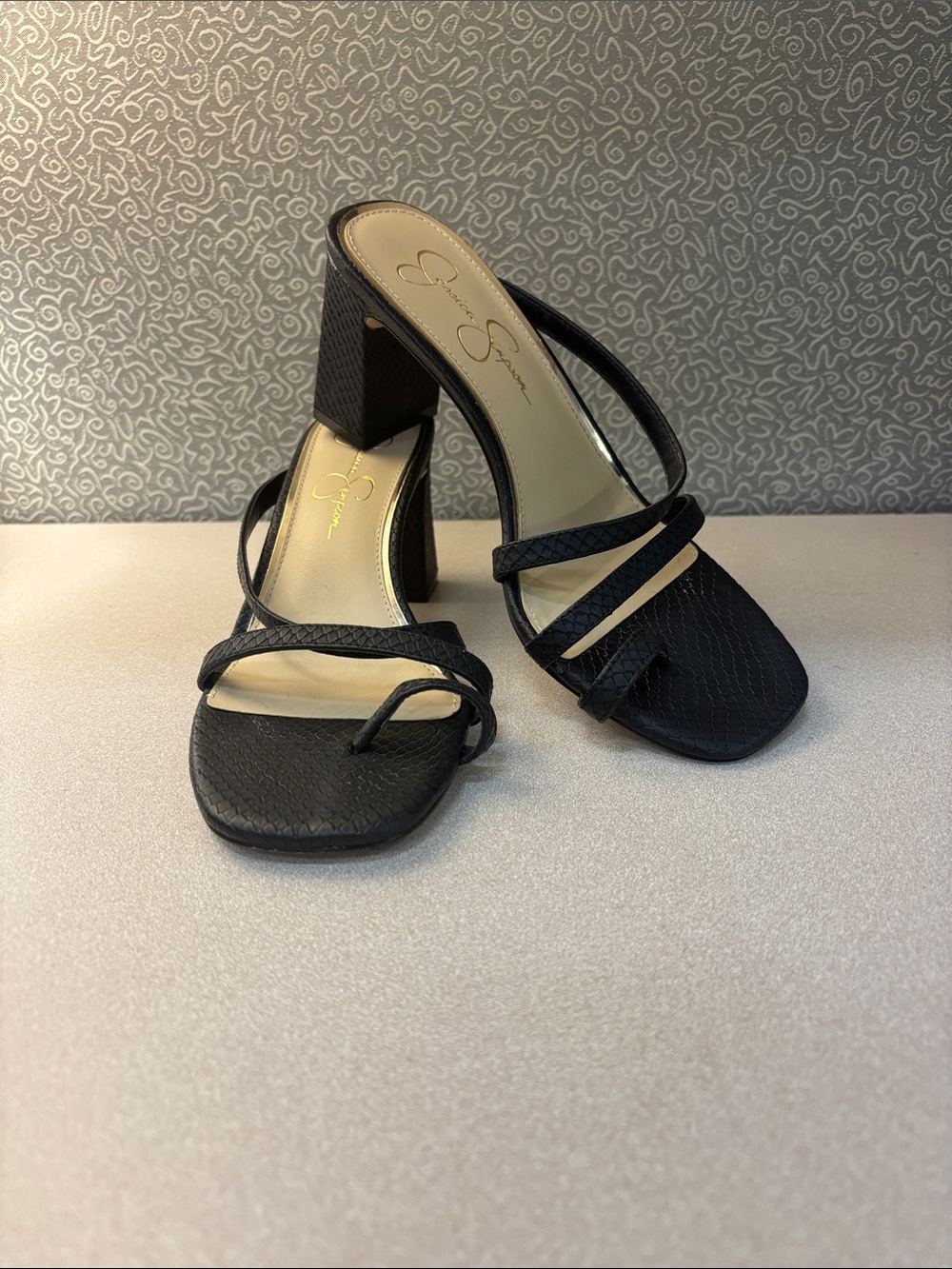Jessica Simpson Black Faux Snakeskin Willmena Strappy Block Heel Sandals-Sz 7.5